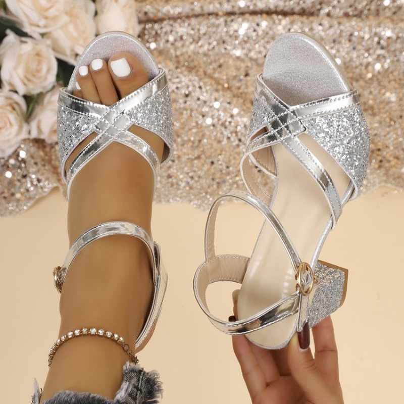 Wedding Fx - Women Block Heels Sandals Gold Sparkly