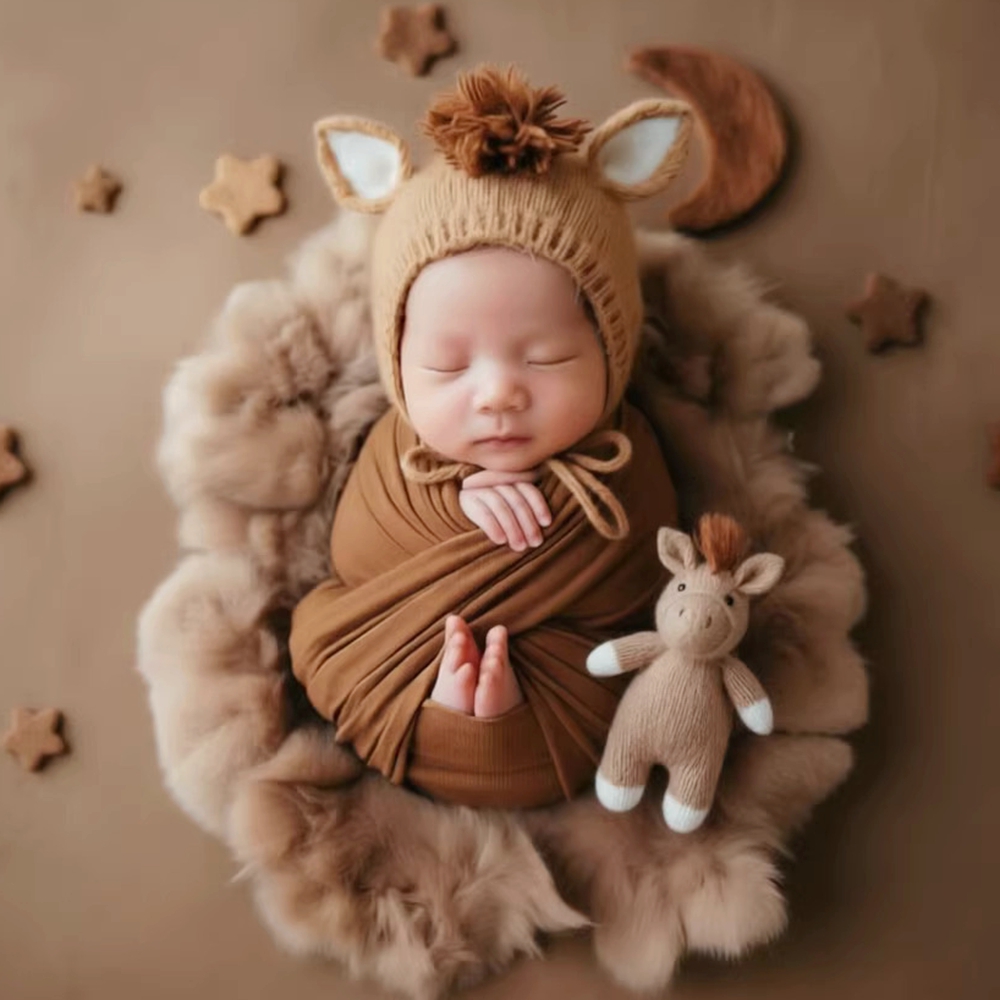Photo Booth Prop - Knitted Horse Hat with Doll Newborn